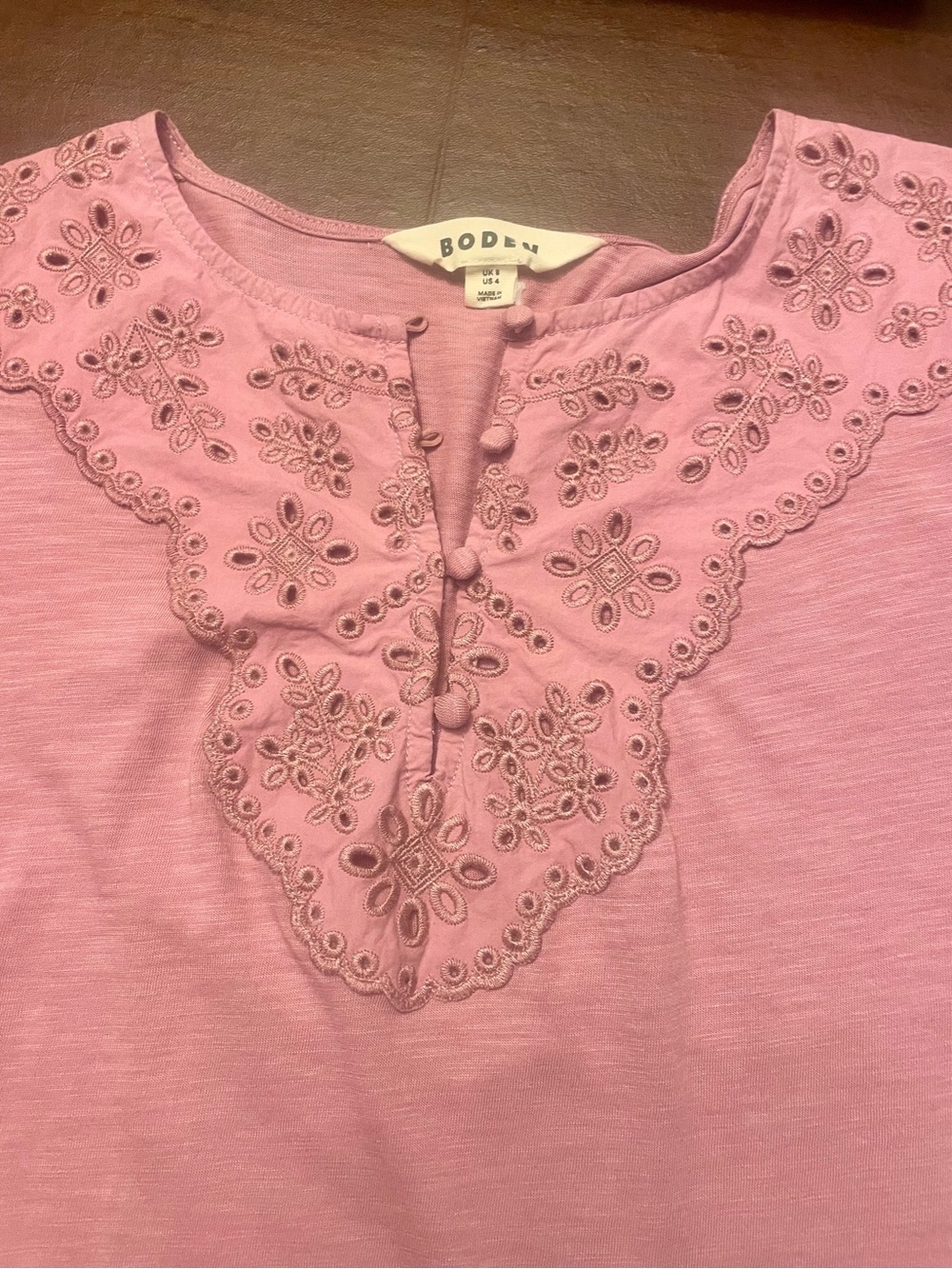 Boden Ada Eyelet Embroidery Knit Puffed Sleeve Top Cotton /Modal Lilas pink Sz 4 - Picture 7 of 10